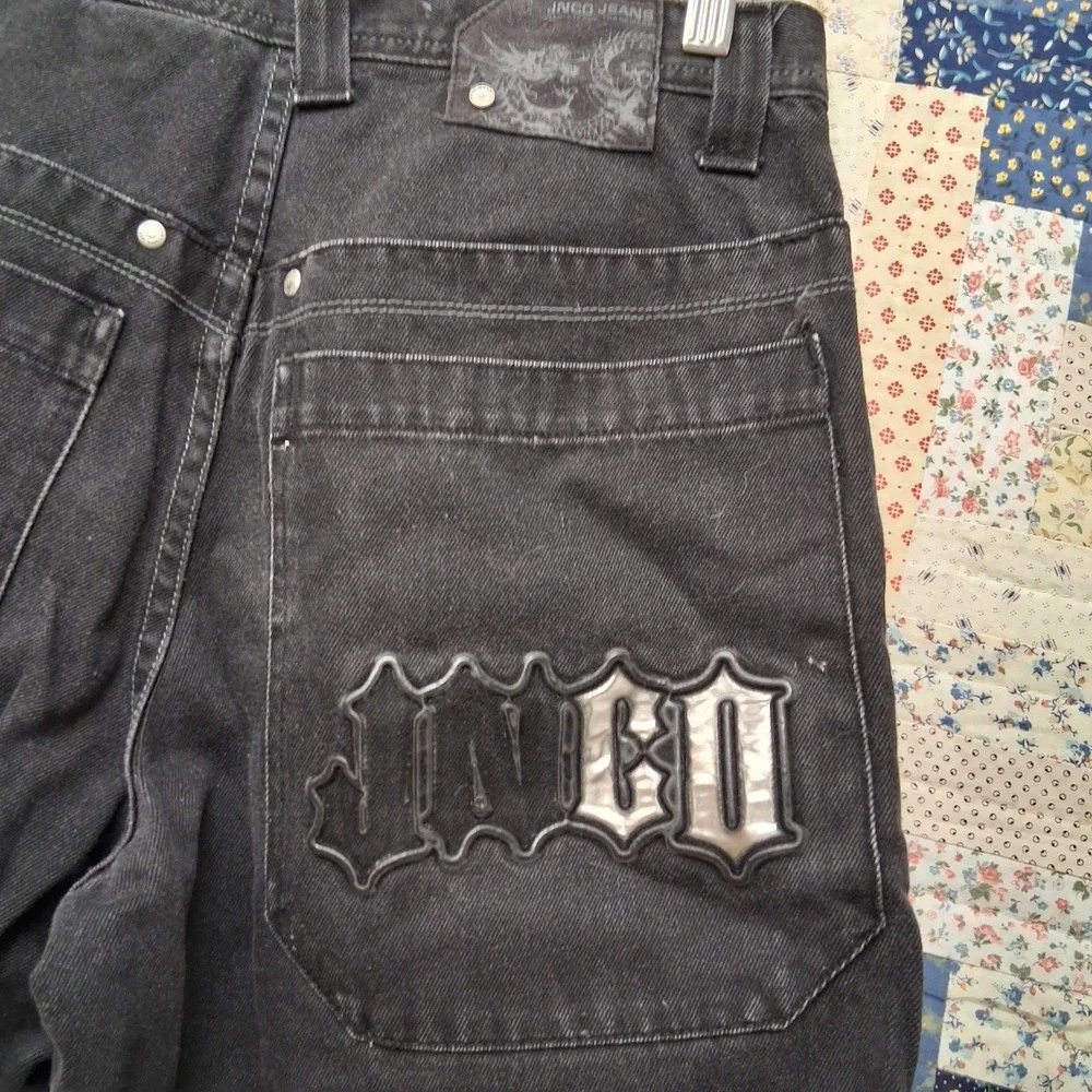 y2k Jnco Black Denim‎ Jeans Size 29x30 Gothic Spellout Double Back Pockets Wide